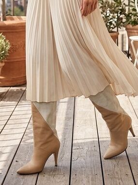 Two-Tone Beige & Cream Stiletto Knee Boots - Women